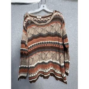 Umgee USA Sweater Womens Large Multicolor Open Crochet Stripe Scoop Neck Knit